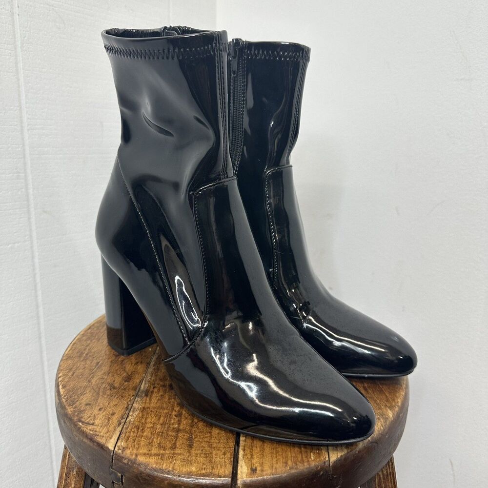 Steve Madden Aubrena Black Patent Block Heel Ankle Boots Size 8.5